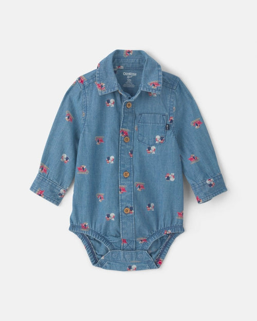 Long-sleeve chambray bodysuit, snowmen