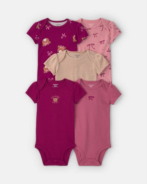 Pack of 5 short-sleeve bodysuits, purple and pink bears
