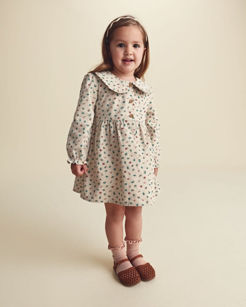 Long-sleeve corduroy dress with collar, floral
