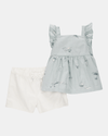 Conjunto de duas peças em algodão, calções e blusa, estampado barco