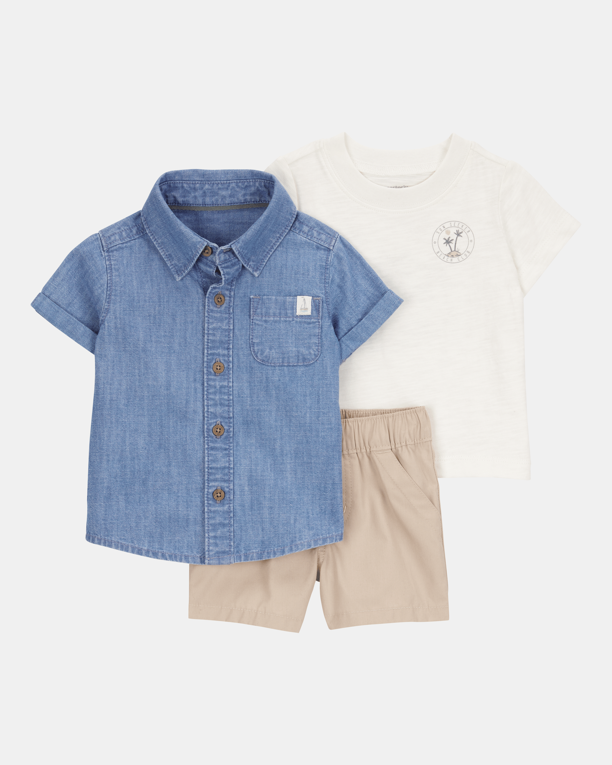 Conjunto tres piezas de algodón, pantalón corto, camisa y camiseta, diseño tropical NB