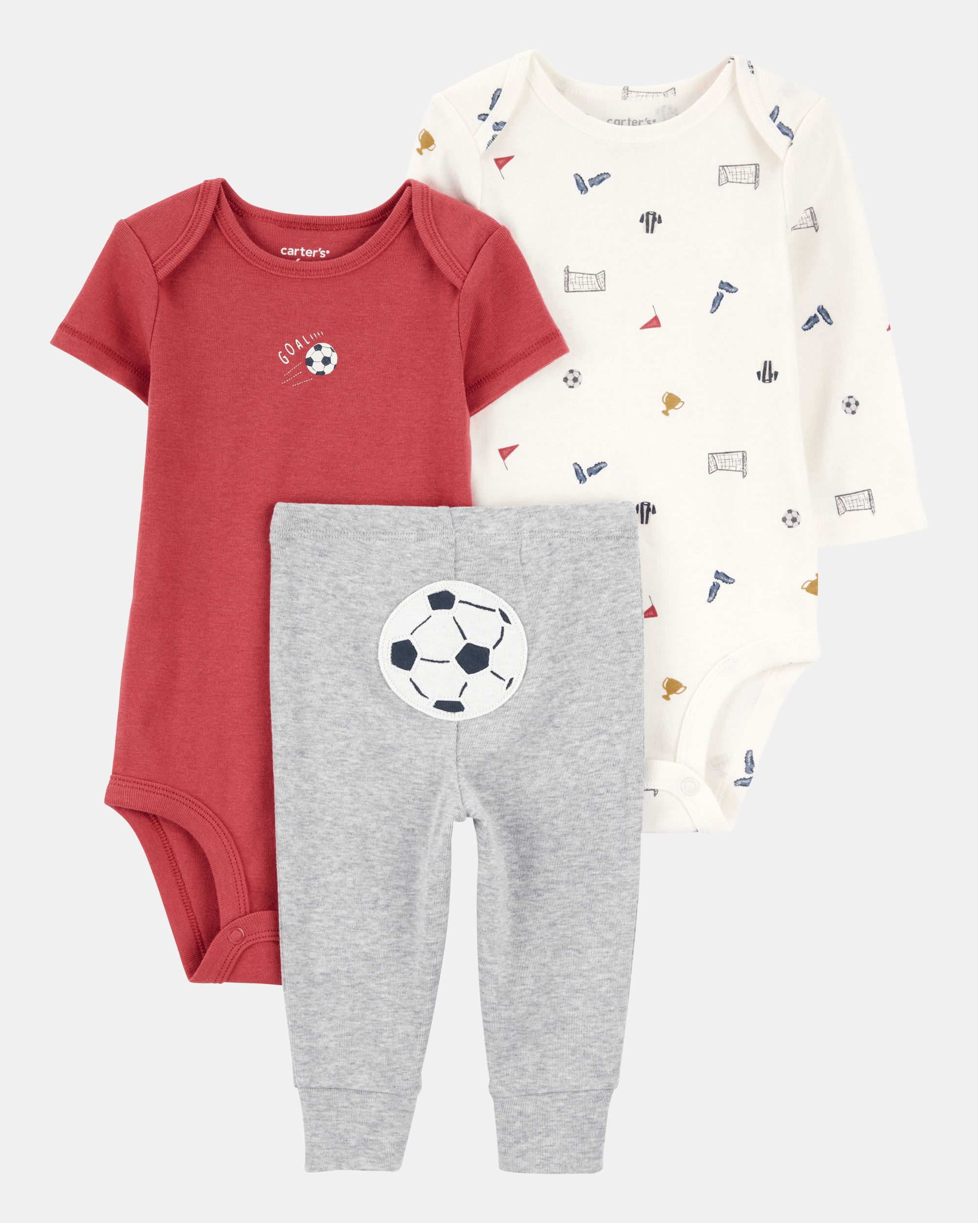 Conjunto tres piezas pantalón y dos bodies diseño fútbol NB