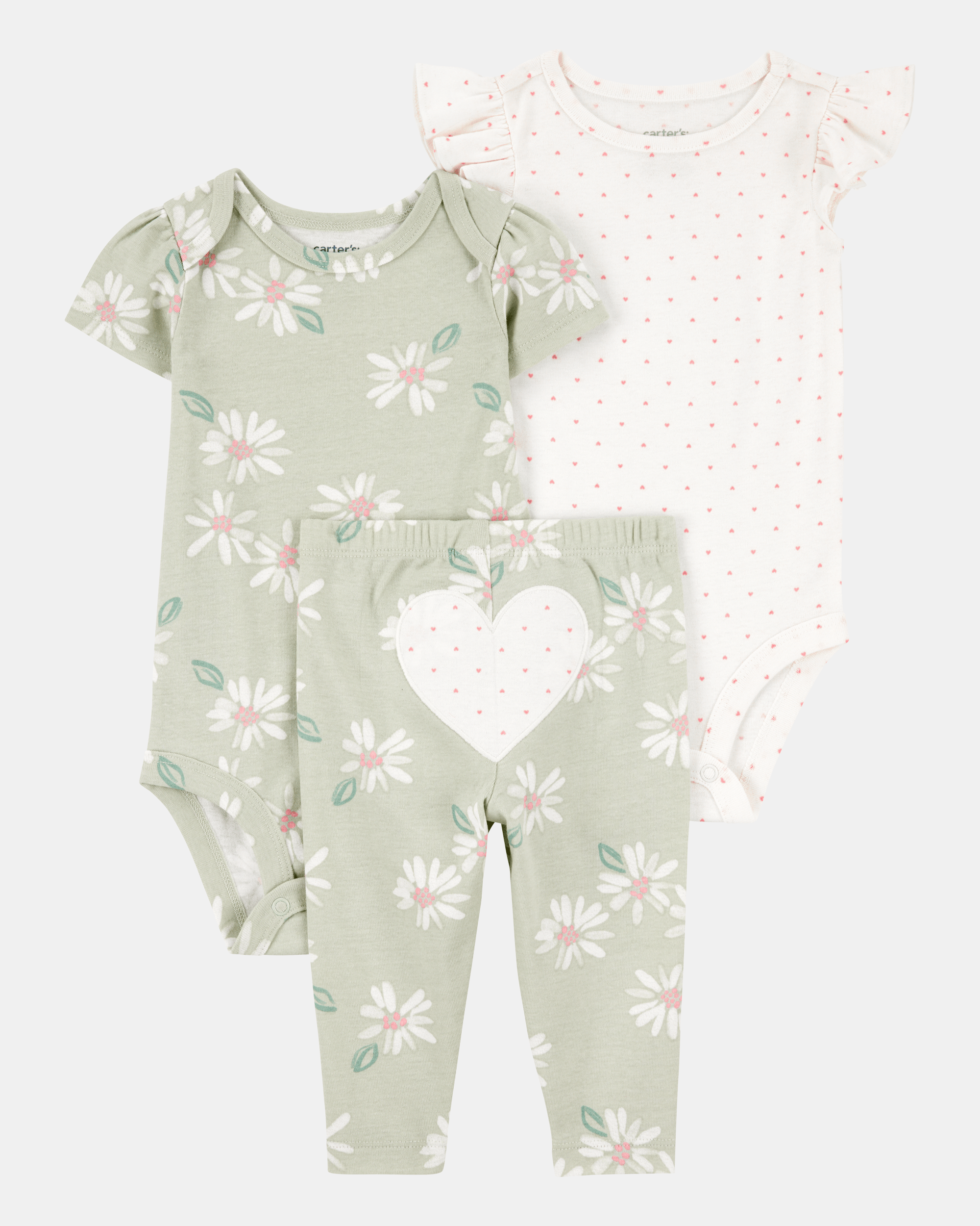 Conjunto tres piezas algodón pantalón y dos bodies diseño corazones NB