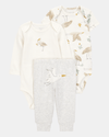 Conjunto tres piezas algodón pantalón y dos bodies diseño aves
