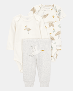 Conjunto tres piezas algodón pantalón y dos bodies diseño aves NB