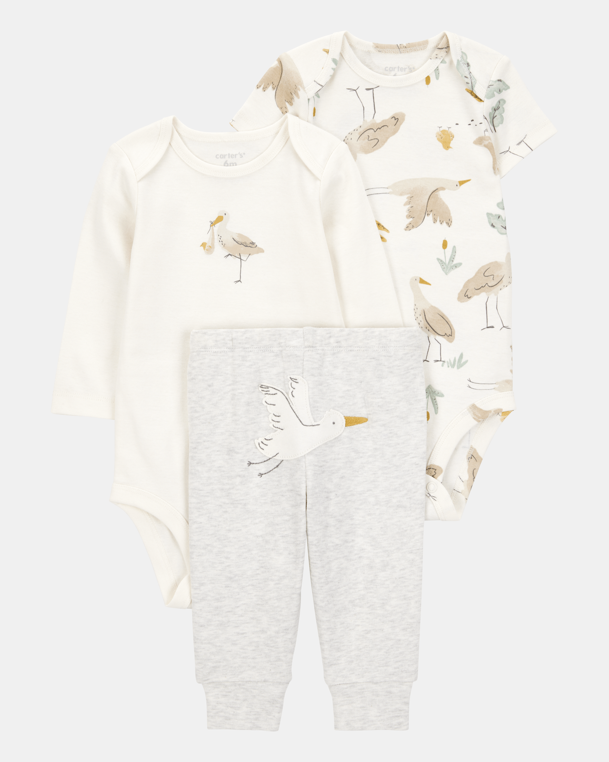 Conjunto tres piezas algodón pantalón y dos bodies diseño aves NB