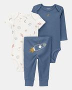 Conjunto tres piezas pantalón y dos bodies diseño cohete NB