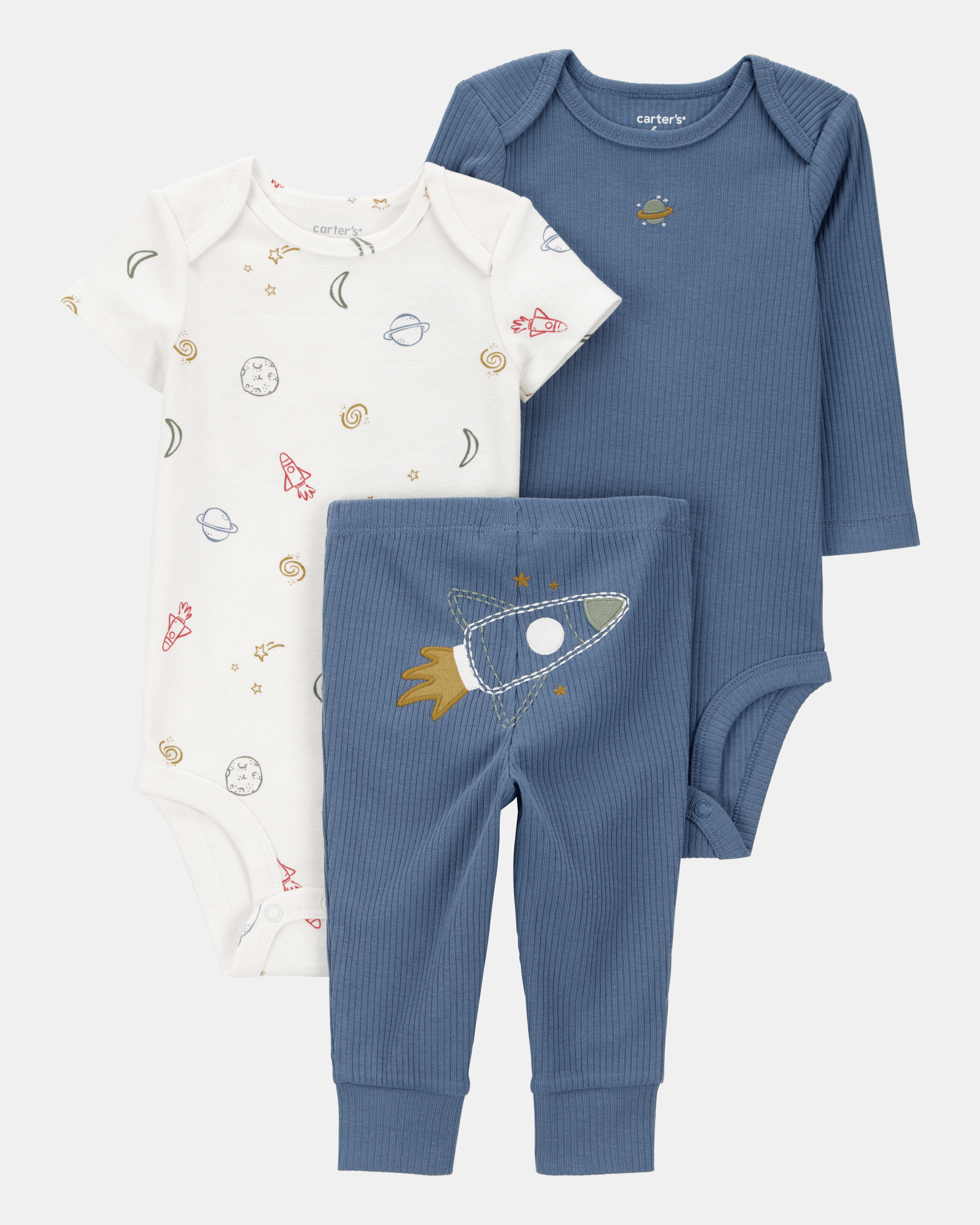 Conjunto tres piezas pantalón y dos bodies diseño cohete NB