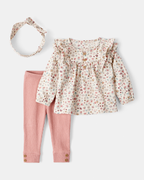 Conjunto 3 piezas camiseta floral, pantalón de canalé y lazo
