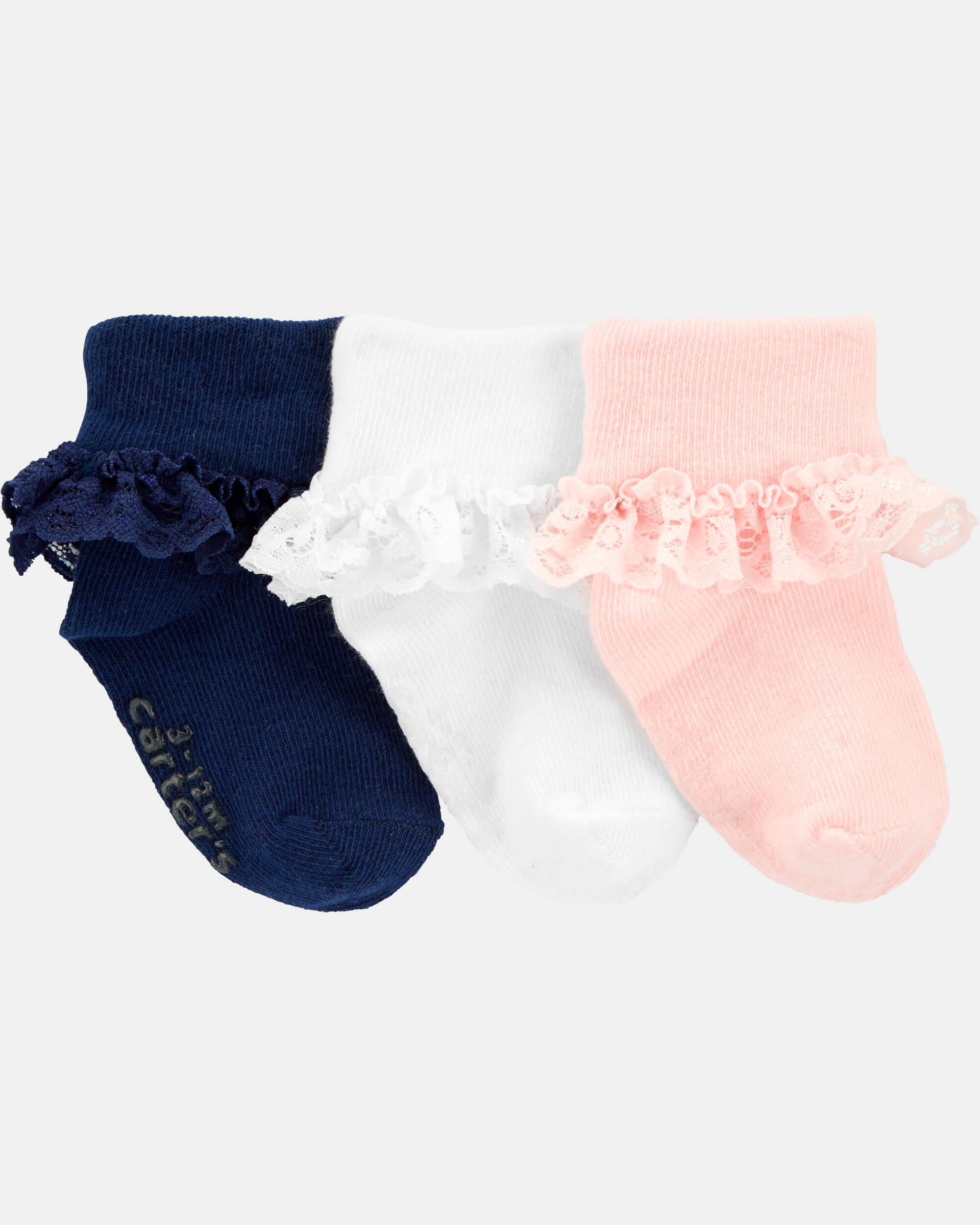 Pack 3 calcetines con volantes en rosa, blanco y azul marino 3/12M