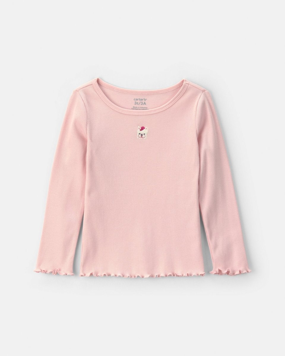 Camiseta manga larga de canalé con perro bordado, rosa - Carter's