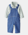 Conjunto de 2 peças de camisa xadrez e jardineiras de ganga