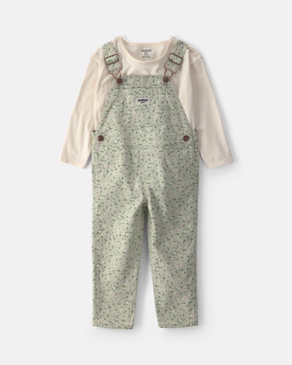 Conjunto 2 piezas, peto de sarga y camiseta de flores, verde - Carter's