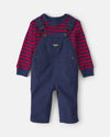 2-piece set, twill overalls and striped thermal tee