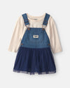 Conjunto 2 peças, jardineiras-saia de chambray com tule e t-shirt