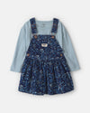 Conjunto 2 peças, vestido de alças em bombazine e t-shirt, flores azuis
