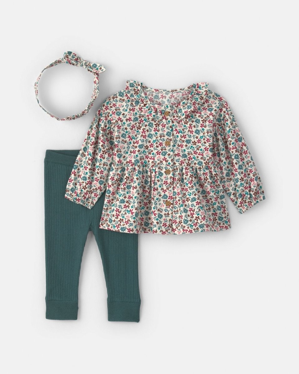 Conjunto 3 piezas, blusa floral, leggings de punto y diadema - Carter's