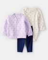 3-piece set: purple bomber cardigan, bodysuit, and trousers
