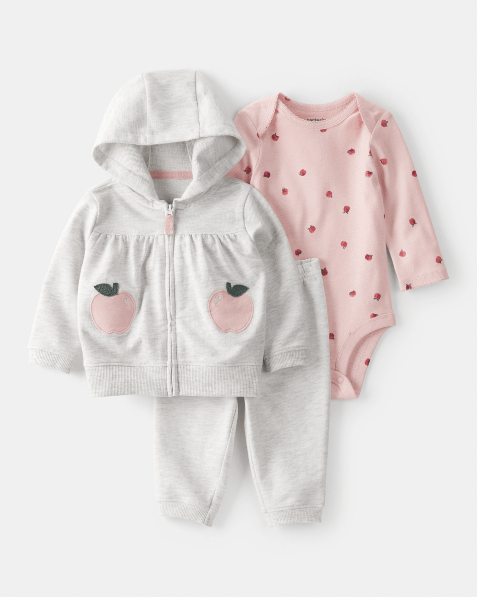 Conjunto 3 piezas cárdigan gris con manzana, body y pantalón - Carter's