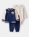 3-piece set blue varsity cardigan, bodysuit and pants