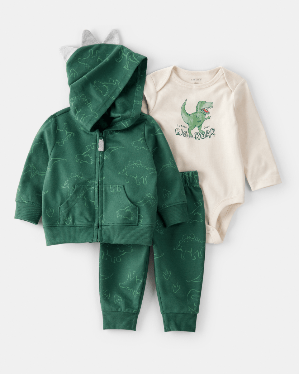 Conjunto 3 piezas cárdigan verde de dinosaurio, body y pantalón - Carter's