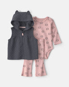 Conjunto 3 piezas, chaleco con capucha de gato, gris y rosa - Carter's