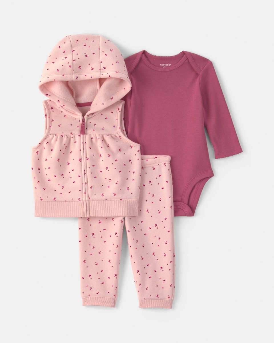 Conjunto 3 piezas, chaleco con capucha y pantalón, corazones - Carter's