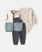 Conjunto 3 piezas, chaleco de borreguito, zorros en azul - Carter's