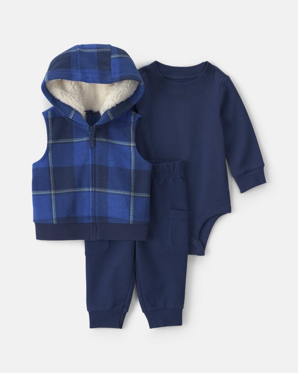 Conjunto 3 piezas, chaleco de micropolar, cuadros azules - Carter's