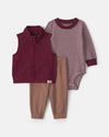 3-piece set, corduroy vest and striped bodysuit, burgundy