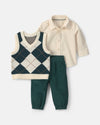 3-piece set, argyle vest and button-front bodysuit, green