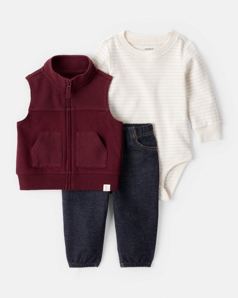 Conjunto 3 piezas chaleco rojo sólido estilo denim para bebé niño - Carter's