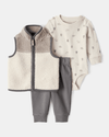 3-piece sherpa vest, bodysuit, and neutral pants set