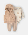 Conjunto 3 piezas, chaleco sherpa con orejas de oso, marrón
