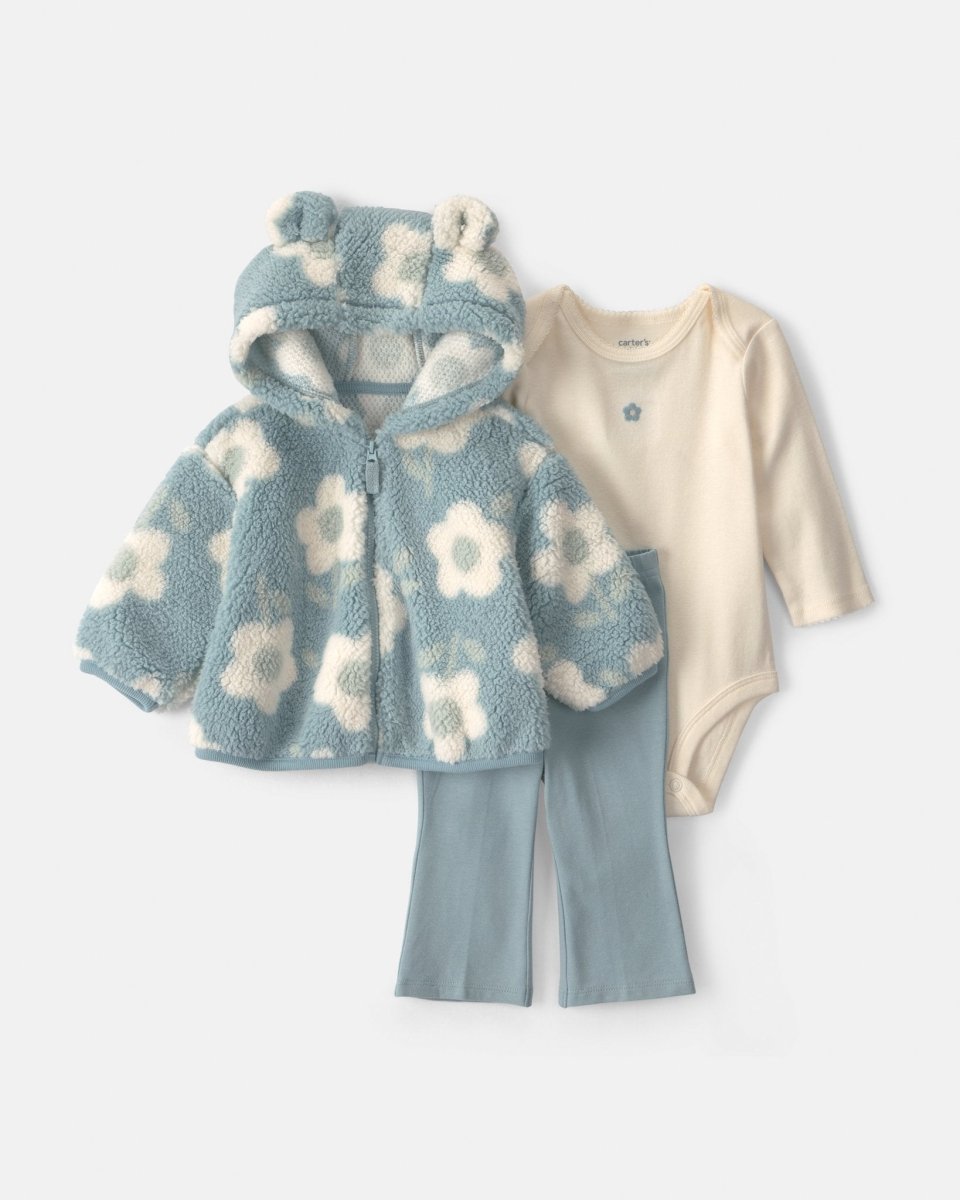Conjunto 3 piezas, chaqueta de borreguito, flores en azul - Carter's