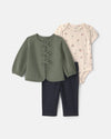 Conjunto 3 peças, casaco de malha acolchoado, verde-oliva