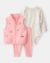 Conjunto 3 piezas con chaleco bordado de frutas