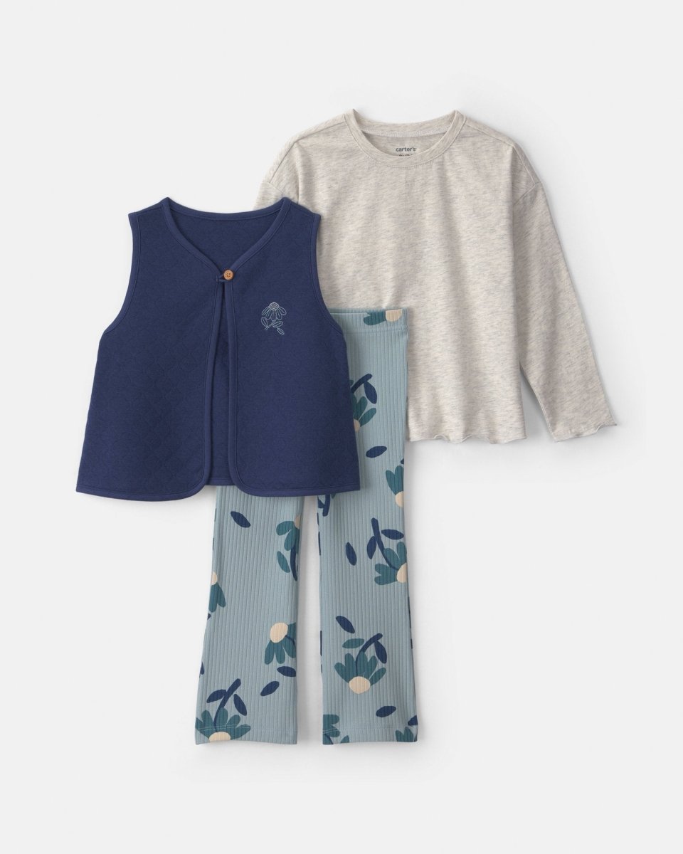 Conjunto 3 piezas con chaleco bordado, flores en azul - Carter's