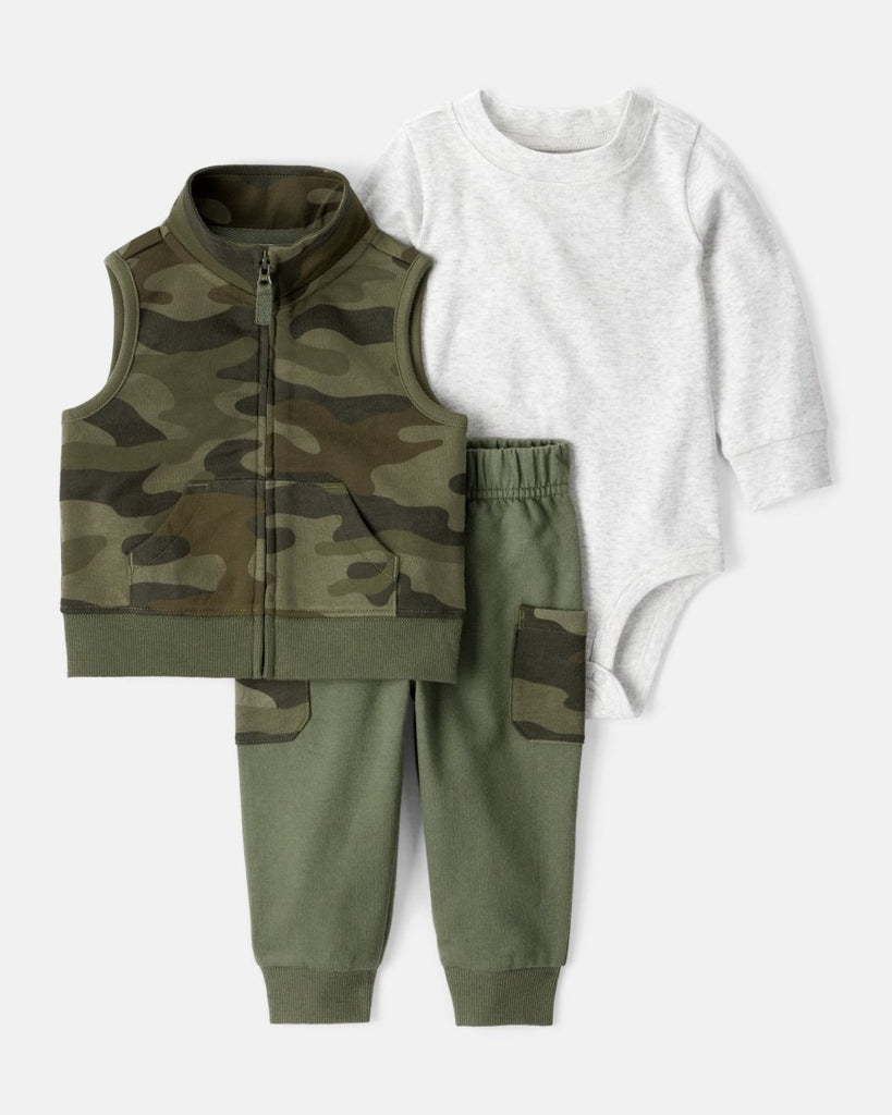 Conjunto 3 piezas con chaleco camuflado verde para bebé niño - Carter's