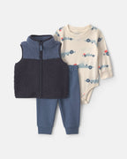 Conjunto 3 piezas con chaleco de borreguito, coches de carreras - Carter's