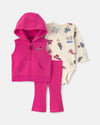 3-piece set with hooded fleece vest, pink