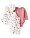 Conjunto de três peças com casaco floral marfim, body e calçass