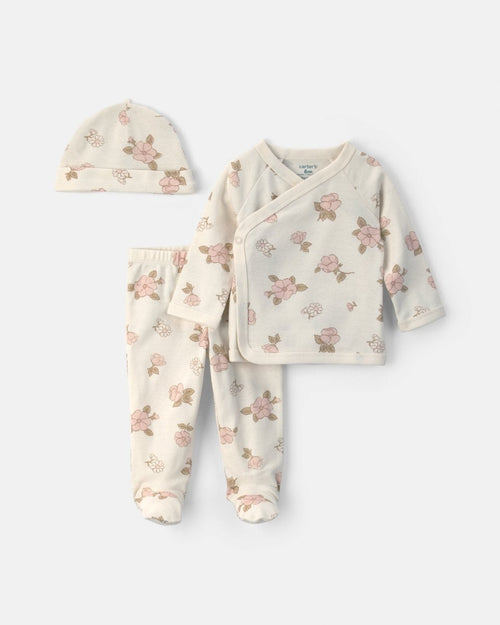 Conjunto 3 peças com calças com pé, floral