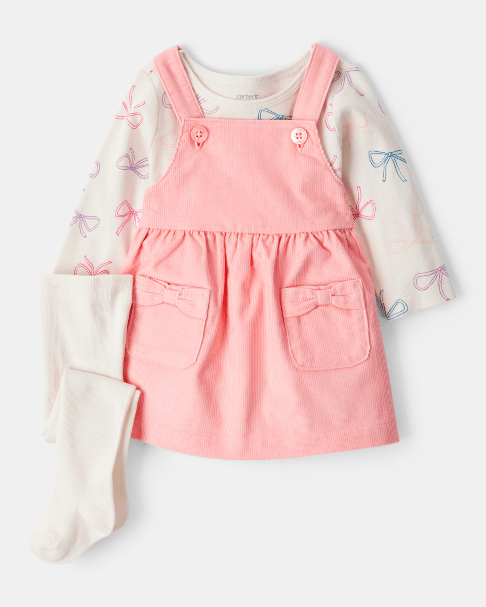 Conjunto 3 piezas con vestido jumper coral y lazos - Carter's