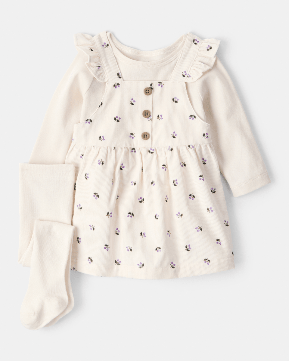 Conjunto 3 piezas con vestido jumper floral de pana - Carter's
