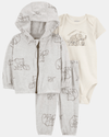 3-piece cotton set, hooded jacket, trousers and bodysuit, elephant design
