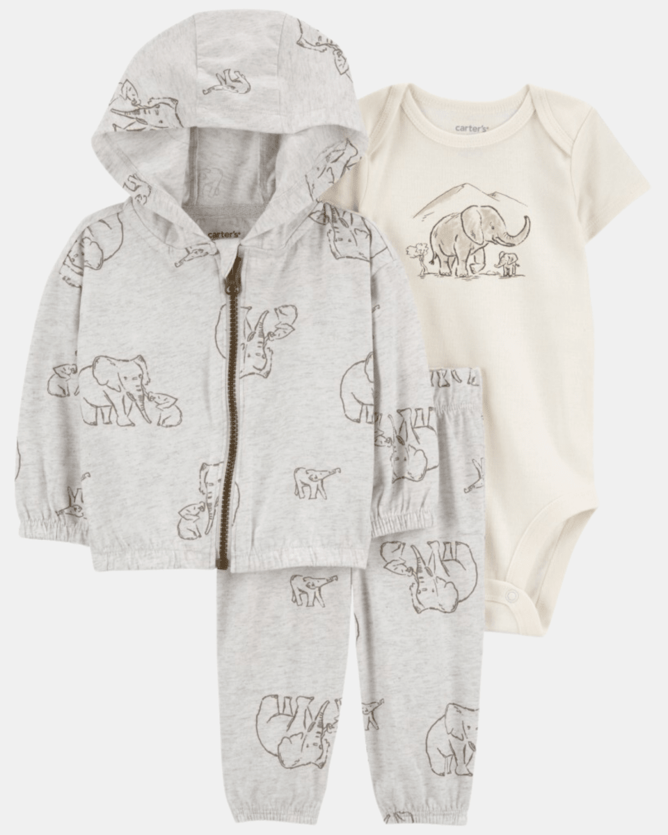 Conjunto 3 piezas de algodón, chaqueta con capucha, pantalón y body, diseño elefante - Carter's