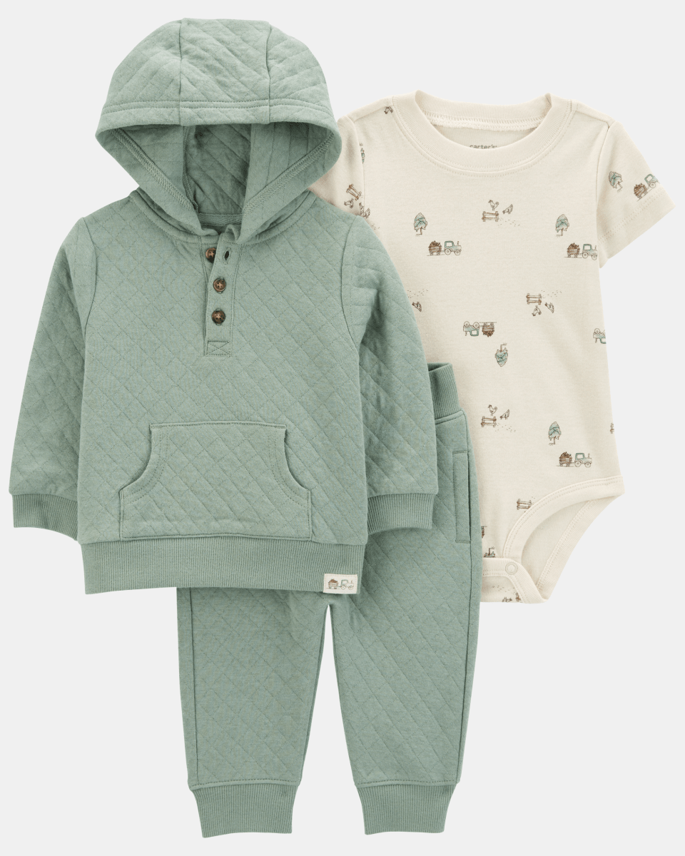 Conjunto 3 piezas de algodón, pantalón y canguro con capucha acolchados, más body - Carter's