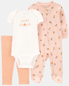 Conjunto de 3 peças de algodão, pijama com péss, calçass e body, estampado laranja