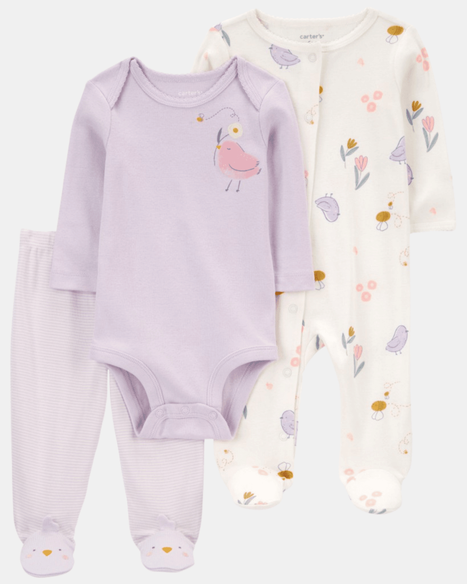 Conjunto 3 piezas de algodón, pijama con pie, pantalón y body, diseño pájaro - Carter's